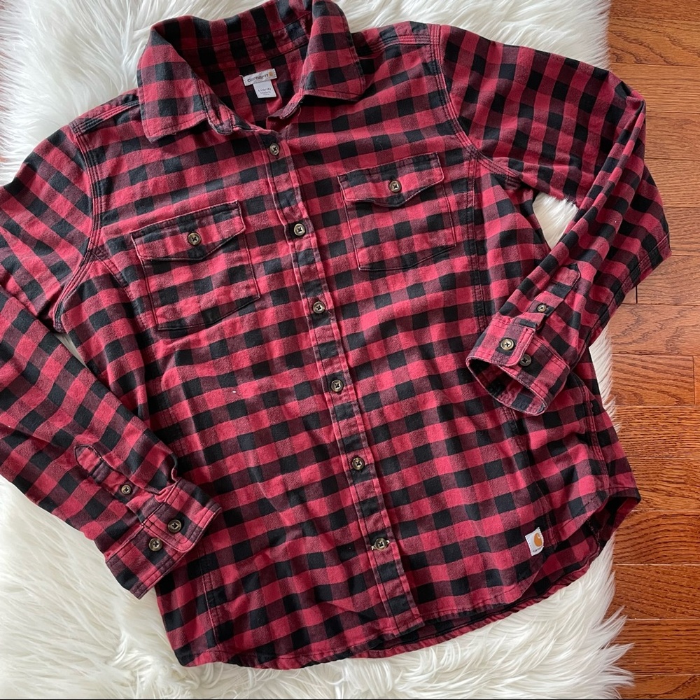 Carhartt Plaid Buffalo Check Flannel Red & Black Button Up Size Large